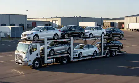 Car transporter loaded with vehicles in Spokane Valley, Washington, United States