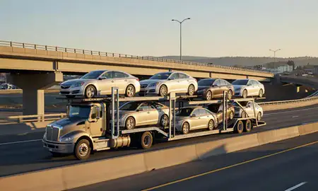 Car transporter with the Spokane Valley, Washington, United States skyline behind it