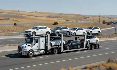 Multi-level car carrier on the highway to Spokane, Washington, United States