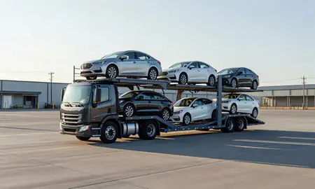 Car transporter loaded with vehicles in Spokane, Washington, United States
