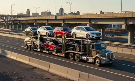 Car transporter with the Spokane, Washington, United States skyline behind it