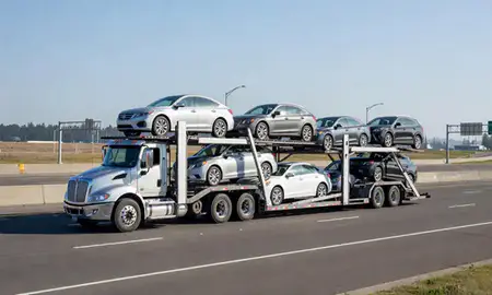 Multi-level car carrier on the highway to Tacoma, Washington, United States