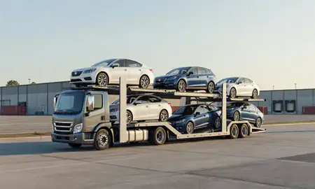 Car transporter loaded with vehicles in Tacoma, Washington, United States