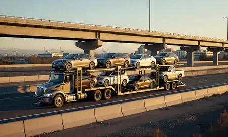 Car transporter with the Tacoma, Washington, United States skyline behind it