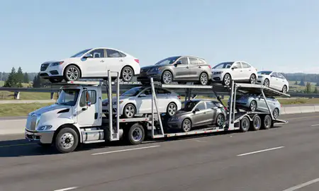 Multi-level car carrier on the highway to Vancouver, Washington, United States