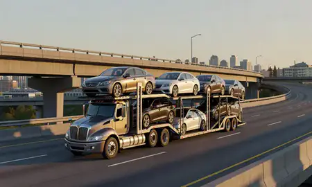 Car transporter with the Vancouver, Washington, United States skyline behind it