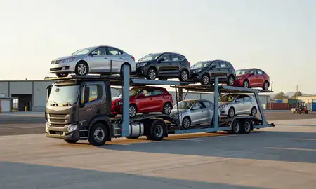 Car transporter loaded with vehicles in Wenatchee, Washington, United States