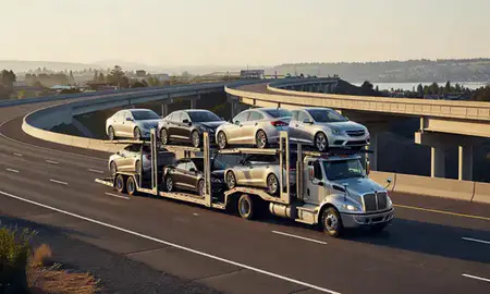 Car transporter with the Wenatchee, Washington, United States skyline behind it