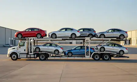 Car transporter parked in an industrial area of Yakima, Washington, United States