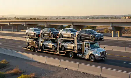 Car transporter with the Yakima, Washington, United States skyline behind it