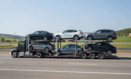 Multi-level car carrier on the highway to West Virginia, United States