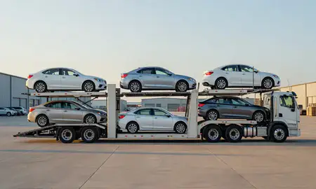 Car transporter parked in an industrial area of West Virginia, United States