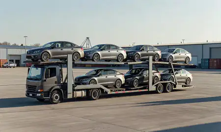 Car transporter loaded with vehicles in West Virginia, United States