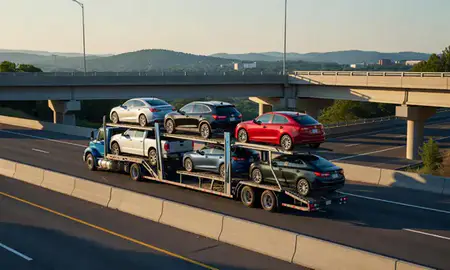 Car transporter with the West Virginia, United States skyline behind it