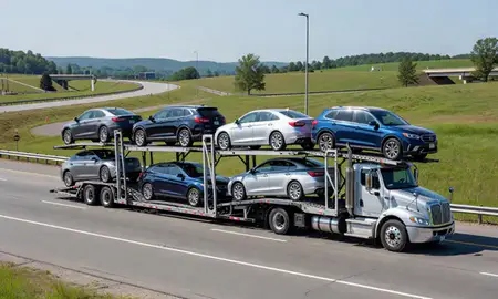 Multi-level car carrier on the highway to Beckley, West Virginia, United States
