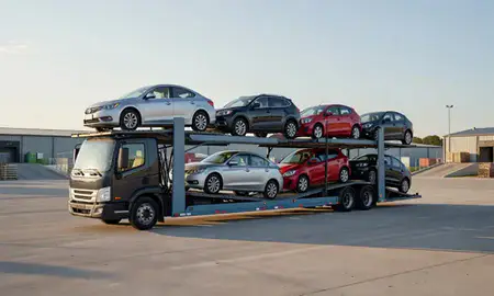 Car transporter loaded with vehicles in Beckley, West Virginia, United States