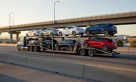 Car transporter with the Beckley, West Virginia, United States skyline behind it
