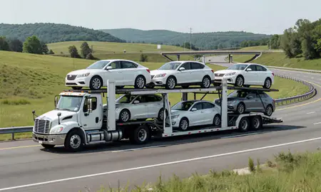 Multi-level car carrier on the highway to Bluefield, West Virginia, United States