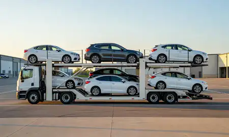 Car transporter parked in an industrial area of Bluefield, West Virginia, United States