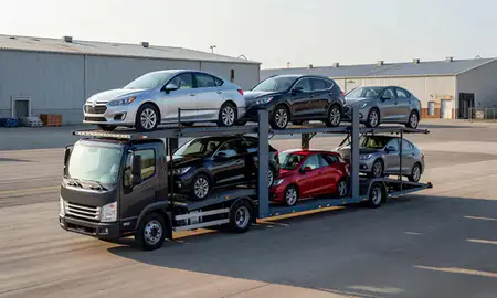 Car transporter loaded with vehicles in Bluefield, West Virginia, United States