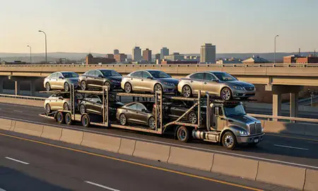 Car transporter with the Bluefield, West Virginia, United States skyline behind it