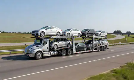 Multi-level car carrier on the highway to Bridgeport, West Virginia, United States