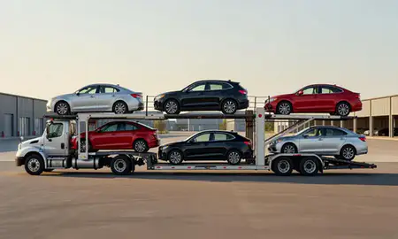 Car transporter parked in an industrial area of Bridgeport, West Virginia, United States