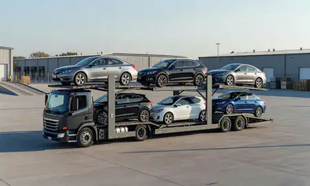 Car transporter loaded with vehicles in Bridgeport, West Virginia, United States