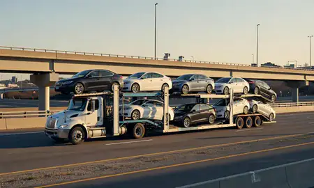 Car transporter with the Bridgeport, West Virginia, United States skyline behind it