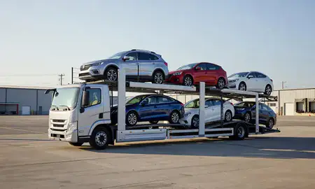 Car transporter loaded with vehicles in Brookhaven, West Virginia, United States