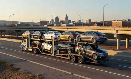 Car transporter with the Brookhaven, West Virginia, United States skyline behind it