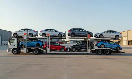 Car transporter parked in an industrial area of Charles Town, West Virginia, United States
