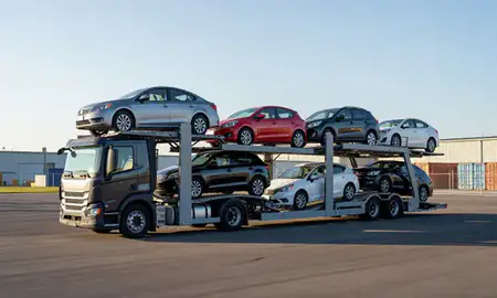 Car transporter loaded with vehicles in Charles Town, West Virginia, United States