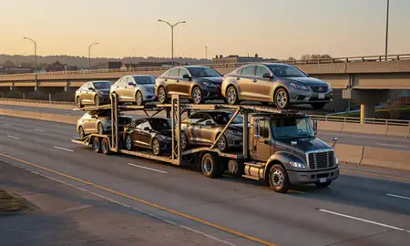 Car transporter with the Charles Town, West Virginia, United States skyline behind it
