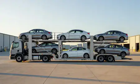 Car transporter parked in an industrial area of Charleston, West Virginia, United States