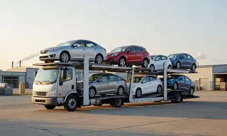 Car transporter loaded with vehicles in Charleston, West Virginia, United States
