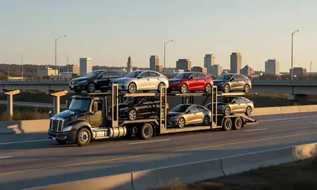 Car transporter with the Charleston, West Virginia, United States skyline behind it