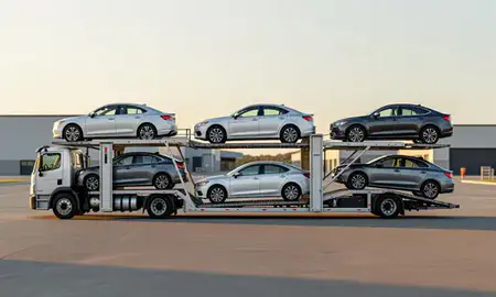 Car transporter parked in an industrial area of Cheat Lake, West Virginia, United States