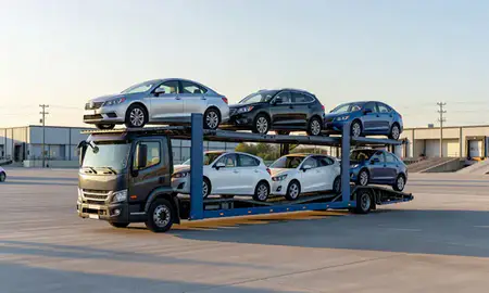 Car transporter loaded with vehicles in Cheat Lake, West Virginia, United States