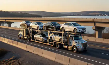 Car transporter with the Cheat Lake, West Virginia, United States skyline behind it