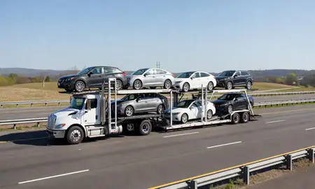Multi-level car carrier on the highway to Clarksburg, West Virginia, United States