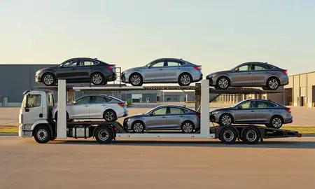 Car transporter parked in an industrial area of Clarksburg, West Virginia, United States