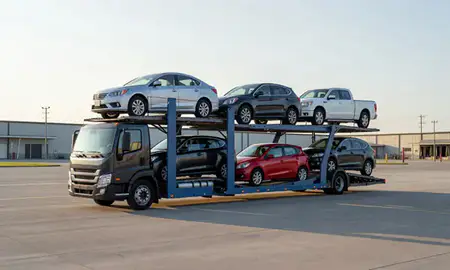 Car transporter loaded with vehicles in Clarksburg, West Virginia, United States