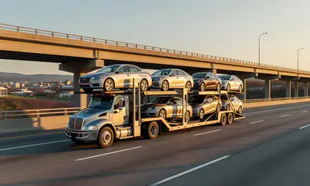 Car transporter with the Clarksburg, West Virginia, United States skyline behind it