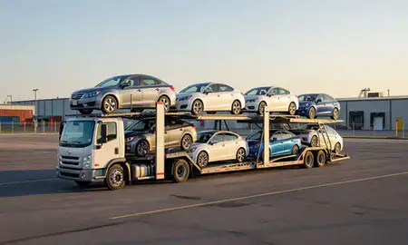 Car transporter loaded with vehicles in Cross Lanes, West Virginia, United States