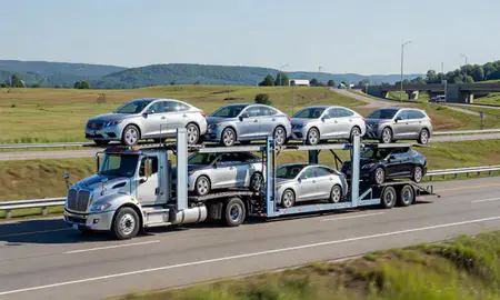 Multi-level car carrier on the highway to Dunbar, West Virginia, United States