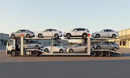 Car transporter parked in an industrial area of Dunbar, West Virginia, United States