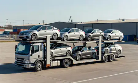 Car transporter loaded with vehicles in Dunbar, West Virginia, United States
