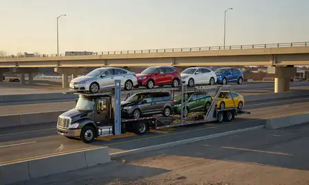 Car transporter with the Dunbar, West Virginia, United States skyline behind it