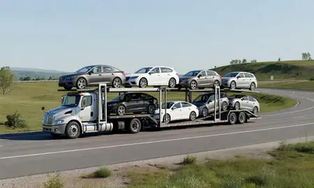 Multi-level car carrier on the highway to Elkins, West Virginia, United States